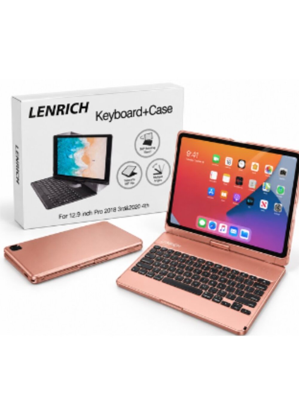 LENRICH iPad Pro 12.9 Keyboard Case 2018 3rd 2020 4th Gen Rose Gold 360